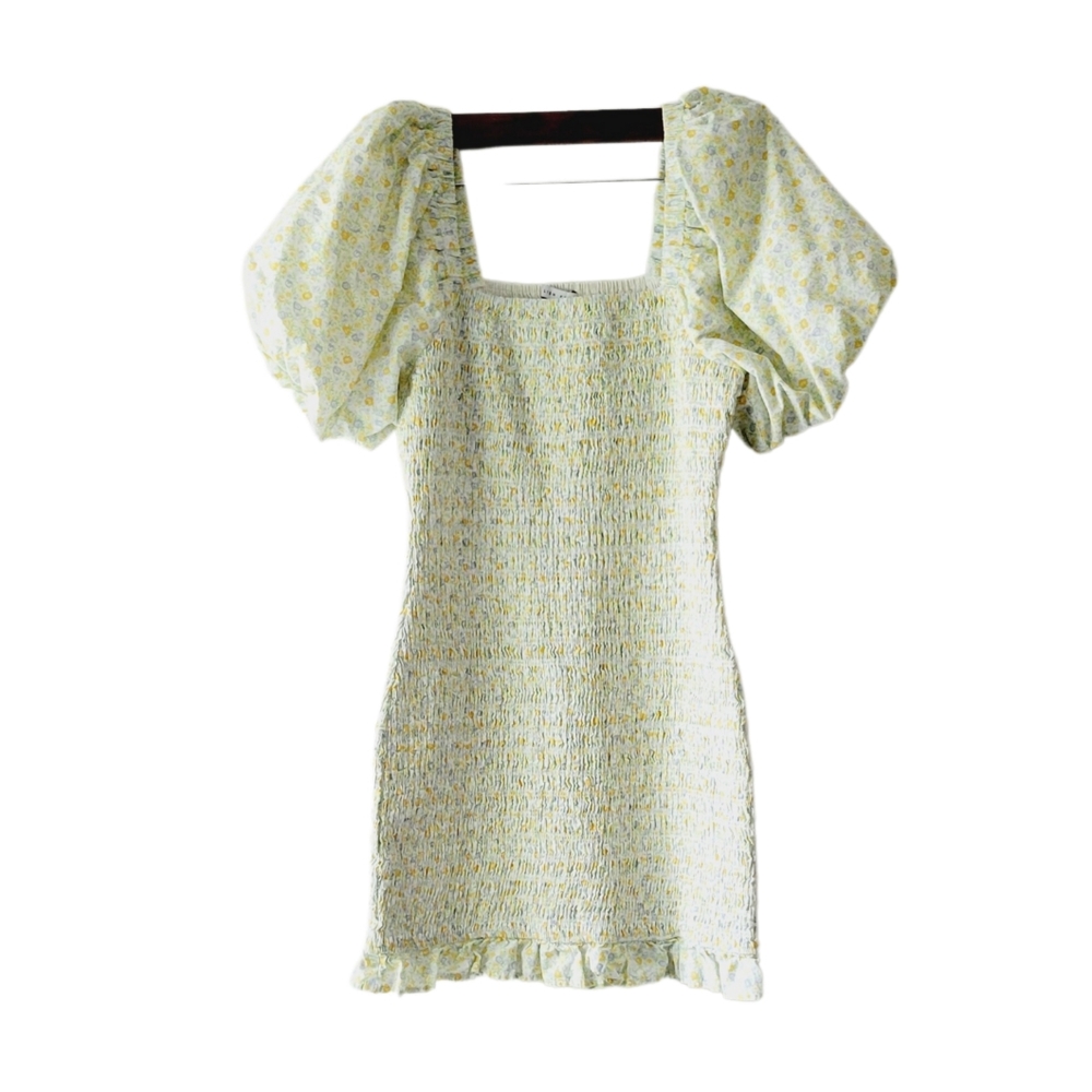 English Factory floral green and blue bodycon dress with puffer sleeves size M